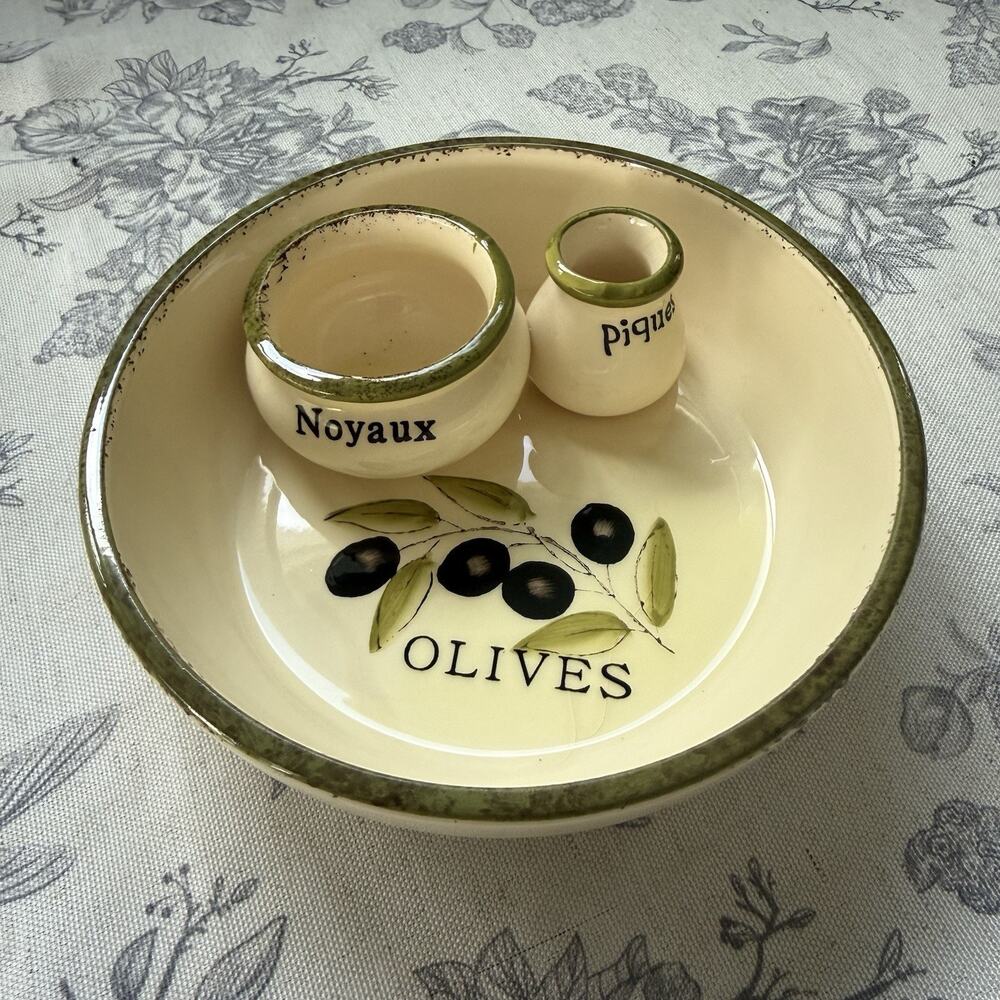 Vtg Olive Pits Serving Bowl Noyaux Piques Ceramic Appetizer Dish French Decor